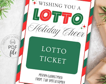 印刷可能なクリスマス宝くじチケットホルダー、宝くじホリデー応援カード、ホリデー感謝の5インチ×7インチタグ、PDFの即時ダウンロード