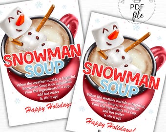 Etiquetas imprimibles para regalo de sopa de muñeco de nieve, etiquetas para kit de chocolate caliente navideño (descarga en PDF + JPG)