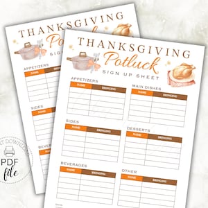 Könnte beinhalten: Zwei Thanksgiving-Potluck-Anmeldeformulare. Das Design umfasst Aquarellillustrationen eines Topfes, einer Gabel und eines gebratenen Truthahns. Die Blätter sind in Abschnitte für Vorspeisen, Hauptgerichte, Beilagen, Desserts, Getränke und andere Gerichte unterteilt. Der Text lautet "Thanksgiving Potluck Sign Up Sheet."