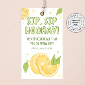 Sip Sip Hooray Lemonade Gift Tag, Printable Appreciation Favor Tags (PDF Download)