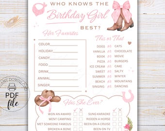 Puede incluir: Un juego imprimible en PDF para una fiesta de cumpleaños con temática de vaquera. El diseño presenta elementos rosas y marrones y el texto "¿Quién conoce mejor a la cumpleañera?" con secciones para rellenar y una sección "Esto o aquello".