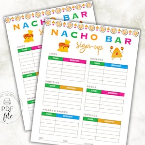 Könnte beinhalten: Zwei bedruckbare weiße "Nacho Bar" Anmeldebögen mit farbenfrohem Text und Grafiken. Die Bögen enthalten Abschnitte für Chips, Proteine, Salsas, Käse, Bohnen und Toppings. Der Text "8.5"X11" & A4 DOCUMENT INCLUDED NOT EDITABLE PDF FILES" steht unten.