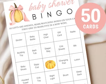 May include: Baby shower bingo game with a pumpkin illustration and the text "baby shower BINGO". The bingo card includes common baby items like a stroller, bib, and baby wipes. The card count is 50.