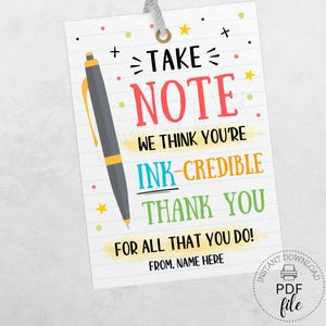 Stylo bloc-notes enseignant appréciation étiquette cadeau imprimable, prenez note que vous êtes étiquette de faveur personnalisée crédible à l'encre, téléchargement immédiat PDF