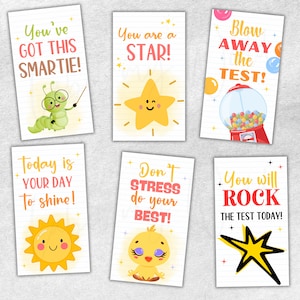 印刷可能なテスト当日タグ、受験モチベーションアップメモカード、学生向けのかわいい幸運のギフトタグ、2.7インチ×4.8インチのPDF、6種類のデザイン付き