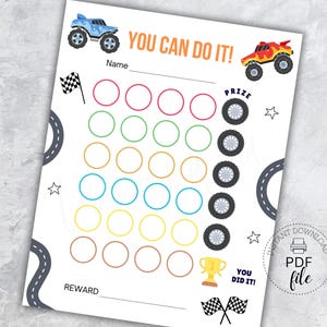 Puede incluir: Un gráfico de recompensas imprimible con un tema de camiones monstruo. El gráfico presenta círculos coloridos para rastrear el progreso, un espacio para un nombre y el texto "YOU CAN DO IT!" y "REWARD". Incluye una descarga de archivo PDF.