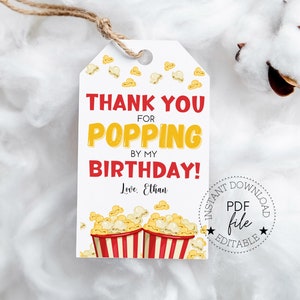 Thank You For Popping By My Birthday Personalized Tags | Printable Popcorn Party Favor Tag | Movie Theater Party | Instant Download PDF File