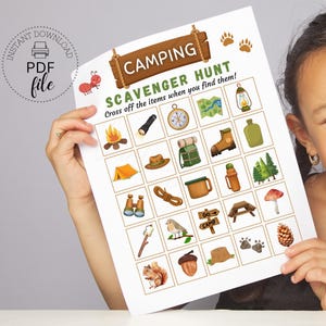 Caça ao tesouro para acampamento para impressão, cartões de jogo de caça ao tesouro ao ar livre, atividade divertida na natureza para crianças, jogo de acampamento de verão, download instantâneo em PDF
