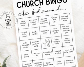 May include: A black and white Church Bingo game card with the text "CHURCH BINGO find someone who..." and a grid of prompts. The card includes a dove graphic and the words "INSTANT DOWNLOAD PDF file".