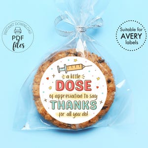 May include: A chocolate chip cookie in a clear cellophane bag tied with a silver ribbon. The cookie has a round sticker with a syringe illustration and the words "a little DOSE of appreciation to say THANKS for all you do!"
