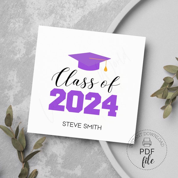 Graduation Purple Grad Cap Gift Tag, Personalized Class of 20xx Graduate Name Template, Printable Grad Party Treat Bag, Instant Download PDF