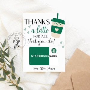 Kaffee Geschenkkartenhalter Vorlage | Danksagungen ein Latte für alles, was Sie Geschenk-Kartenhalter tun | Personalisierte Lehrer Geschenkkarte Anhänger PDF