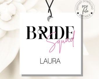 Bride Squad Editable Name Tags | Personalized Bachelorette Party Favors | Printable Bridesmaid Square Tags | Hen Party Gift Box Tags