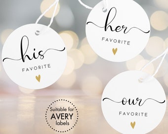 His/Her/Our Favorite Stickers | Engagement Favor Labels | Round White & Black Wedding Stickers with Gold Heart | Instant Download PDF Files