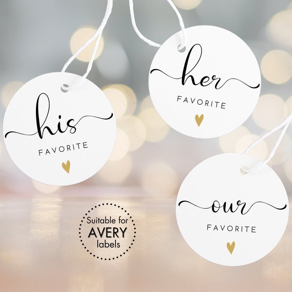 His/Her/Our Favorite Stickers | Engagement Favor Labels | Round White & Black Wedding Stickers with Gold Heart | Instant Download PDF Files