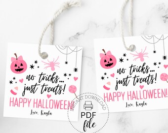 No Tricks... Just Treats! Printable Tags | Personalized Pink & Black Halloween Treats/Gifts, Happy Halloween Hang Tags, Instant Download PDF