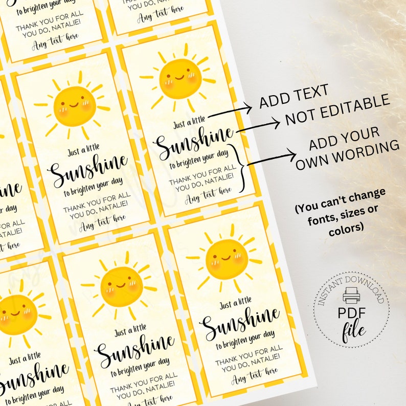 Pu&ograve; includere: Etichette regalo stampabili con un sole giallo sorridente. Le etichette hanno uno sfondo a scacchi giallo e bianco e il testo "Just a little Sunshine to brighten your day. Thank you for all you do, Natalie! Any text here".