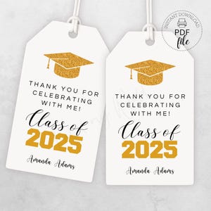 Thank You For Celebrating With Me Tag | Printable Graduation Party Favor Tag | Personalized Class of 20XX Gold Glitter Grad Cap Gift Tag PDF
