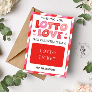 Porte-billets de loterie imprimable pour la Saint-Valentin, carte de voeux LOTTO Love, étiquette de 5 x 7 pouces de remerciement pour le personnel enseignant, téléchargement immédiat au format PDF
