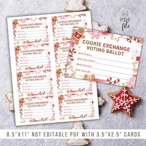 Cédulas de votação para troca de biscoitos de Natal para impressão, cartão de votação para concurso de biscoitos de festa de Natal 3,5" x 2,5", download instantâneo PDF não editável
