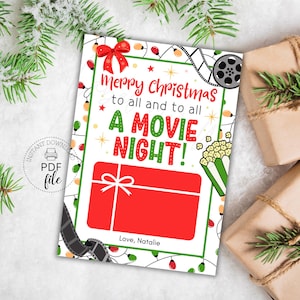 Druckbare Weihnachtskino Geschenkkartenhalter Vorlage, Genießen Sie einen Filmabend Geschenkkartenhalter, Urlaub Wertschätzung 5x7 Tag PDF
