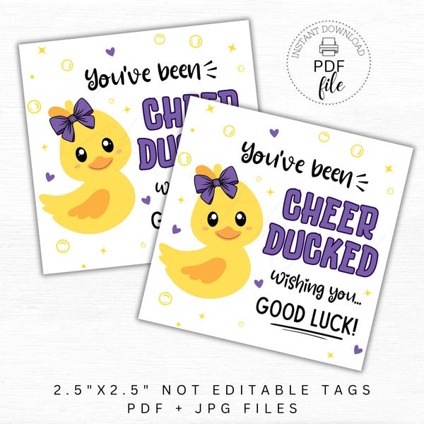 Purple Cheer Ducked Good Luck Tag, Cheerleader Competition Favor Tags, Printable PDF + JPG