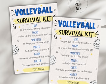 Könnte beinhalten: Ein bedruckbares Schild in Gelb und Blau mit dem Text "Volleyball Survival Kit" und einer Liste von Gegenständen mit Beschreibungen. Die Gegenstände umfassen Kaugummi, Socken, Smarties, Minzbonbons, Chips und Wasser. Das Schild enthält auch eine Volleyballgrafik.