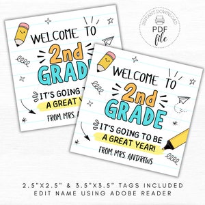 Etiqueta de presente de boas-vindas à segunda série para impressão, etiquetas personalizadas para professor/sala de aula primeiro dia de aula 2,5x2,5 + 3,5x3,5, download instantâneo PDF