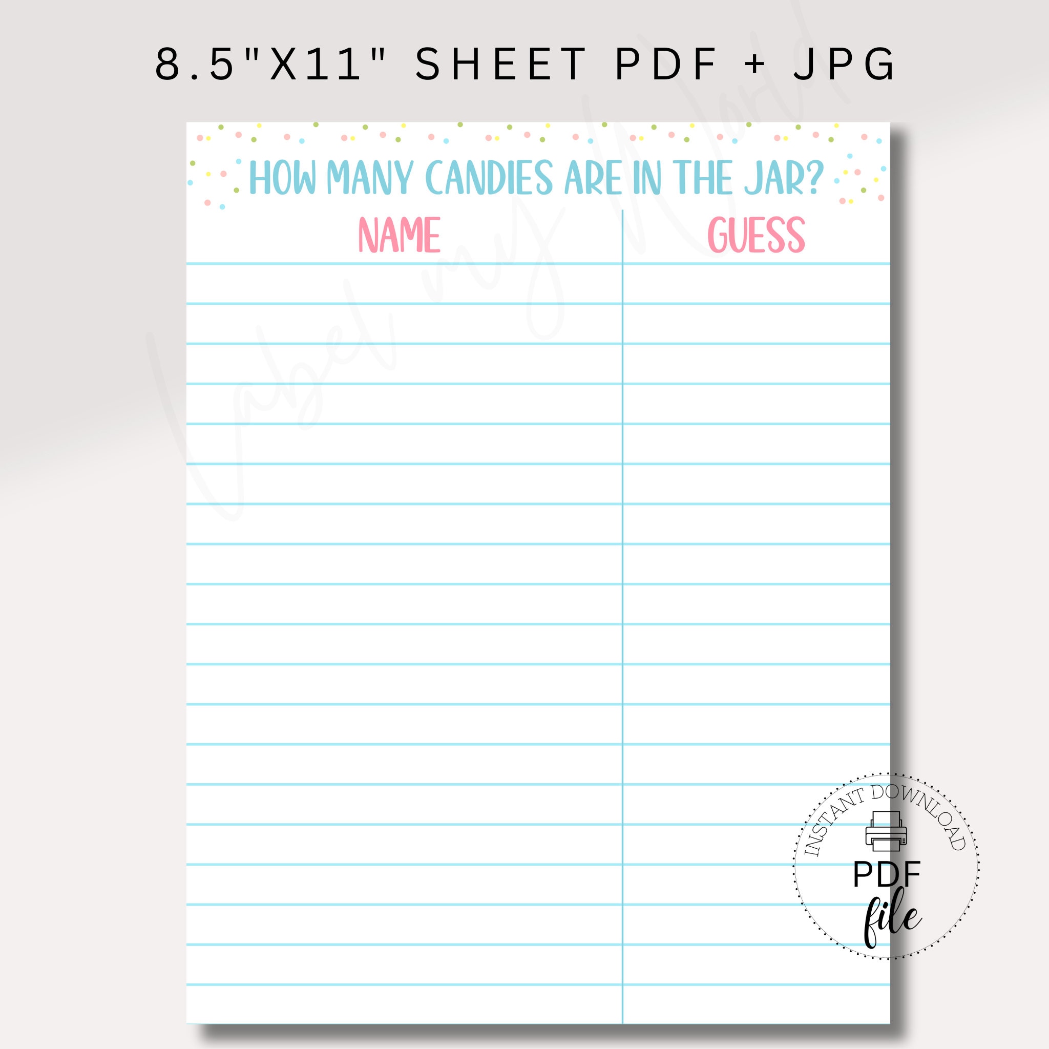 printable guess how many candies are in the jar sign + name/guess