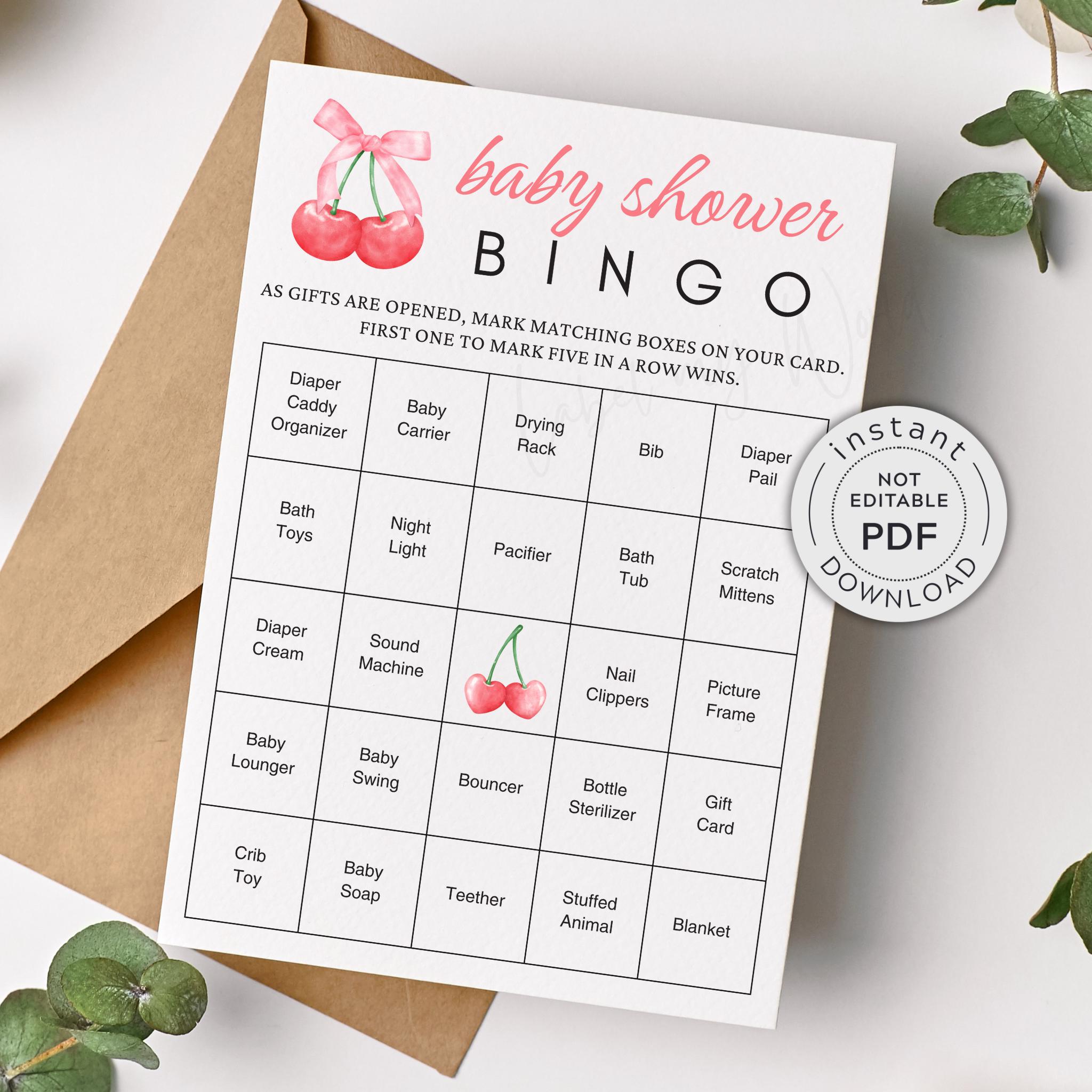 Pink Bow Cherry Baby Shower Bingo, Coquette Baby Girl Bingo Game Cards ...