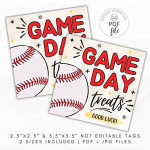 Druckbare Baseball Spiel Tag Tags, Spieltag Leckereien Viel Glück Geschenkanhänger, Baseball Team Farbe Leckerei Beutel Tags, Sofortiger Download PDF + JPG