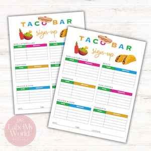 Puede incluir: Dos hojas blancas de inscripción para Taco Bar con ilustraciones coloridas de tacos, salsa y un sombrero. Las hojas tienen secciones para conchas/tortillas, carnes, aderezos, guarniciones, salsas y salsas, y postres.