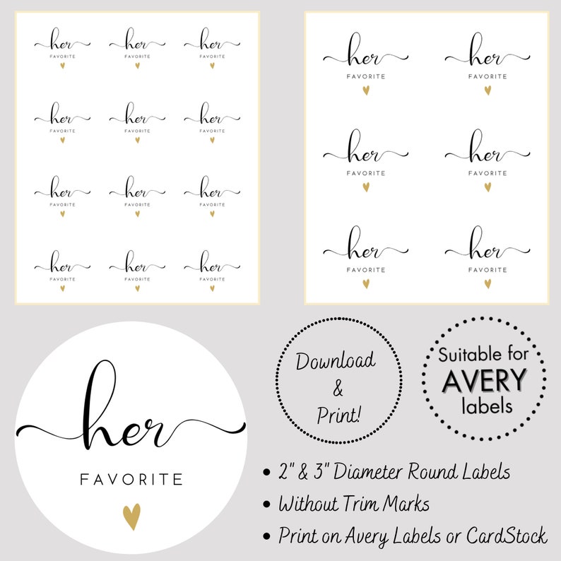 His/Her/Our Favorite Stickers Engagement Favor Labels Round White & Black Wedding Stickers with Gold Heart Instant Download PDF Files 画像 4