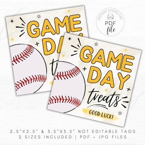 Druckbare Baseball Spiel Tag Tags, Spieltag Leckereien Viel Glück Geschenkanhänger, Baseball Gelb Team Farbe Leckerli Beutel Tags, Sofortiger Download PDF + JPG