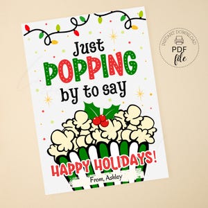 Etiqueta de guloseimas de pipoca para impressão, personalizada, Just Popping By To Say Happy Holidays, etiquetas 2,5x3,5, professor, aluno, funcionário, PDF + JPG
