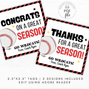 Baseball Ende der Saison druckbare Tags | Personalisierte Glückwünsche / Danke für eine tolle Saison Tags | Team Leckerli/Geschenkanhänger | Sofort Download PDF