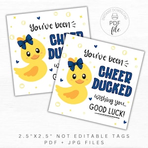 Étiquettes imprimables You've Been Cheer Ducked en vous souhaitant bonne chance, étiquettes de faveur bleu marine compétition par équipe de pom-pom girls, téléchargement immédiat PDF + JPG