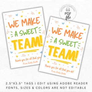 Afdrukbaar We Make a Sweet teamtag, gepersonaliseerde sportteamtag, medewerker collega school ziekenhuispersoneel traktatie tags, pdf direct te downloaden