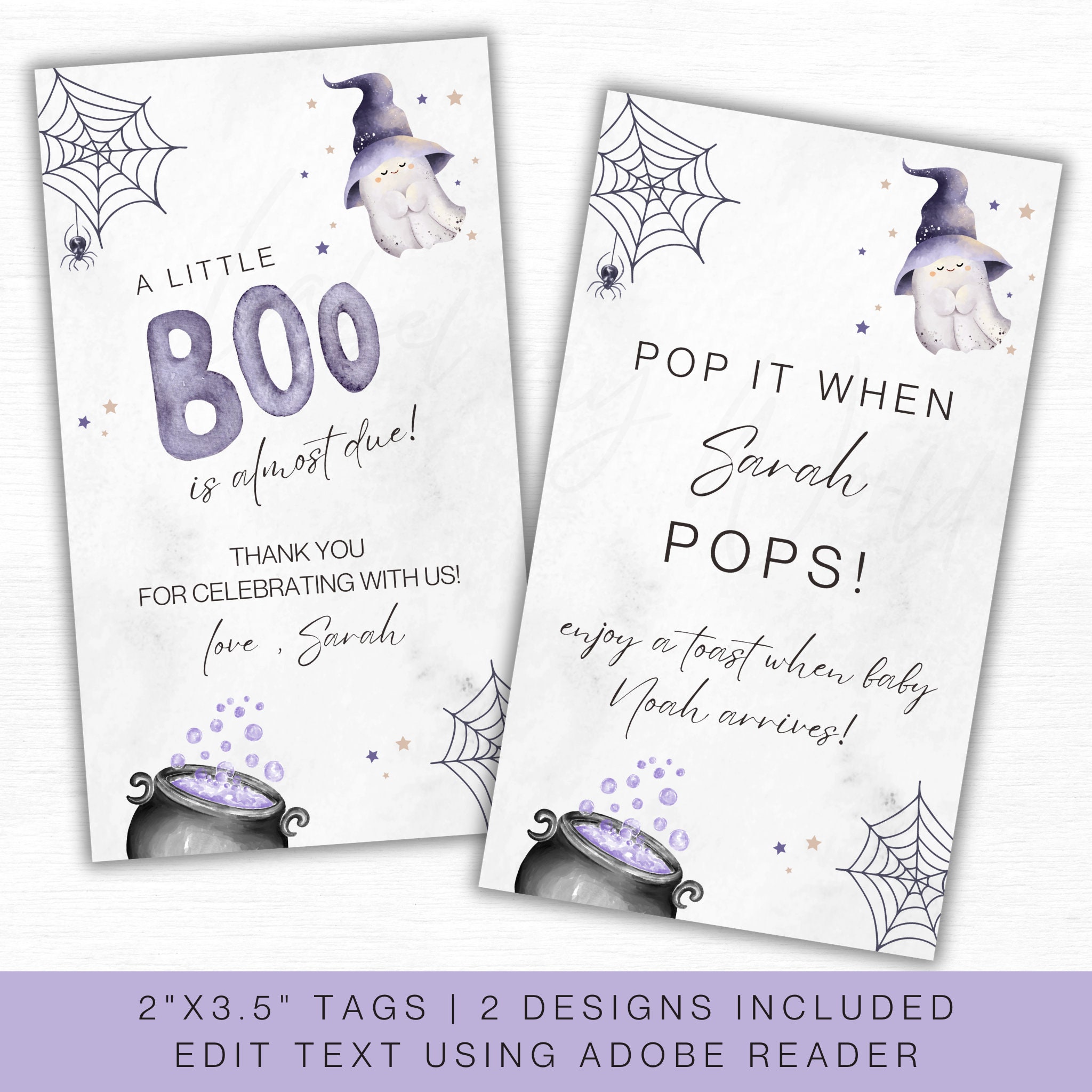 Printable Little Boo Halloween Baby Shower Favor Tags, A Little Boo Is Almost Due Thank You & Pop It When She Pops 2x3.5 Gift Tags PDF Files