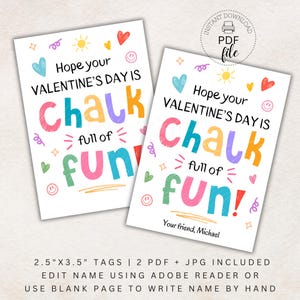 Afdrukbaar krijt-valentijnscadeaukaartje, gepersonaliseerde hoop dat je Valentijnsdag krijt vol plezier is, 2,5 x 3,5 inch tags, directe download pdf + JPG
