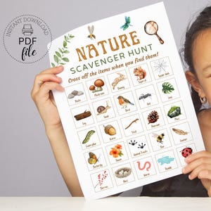 Caça ao tesouro da natureza para impressão, jogo de caça ao tesouro ao ar livre, planilha e cartões, atividade divertida de acampamento para crianças, jogo de acampamento de verão, download instantâneo em PDF