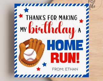 Printable Baseball Birthday Tags, Personalized Baseball Party Favor Tags, Thanks for Making my Birthday a Home Run Gift Tag Instant Download