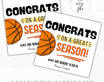 Congrats on a Great Season Basketball Team Tags | Printable/Customized End of Season Basketball Tags | Basketball Thank You Team Treats PDF
