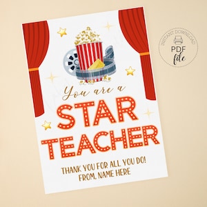 Druckbare Sie sind ein Star-Lehrer Geschenkanhänger, personalisierte Lehrer Wertschätzung Favor Tag, Kinokarte Popcorn Leckerli Tag, Sofort-Download PDF
