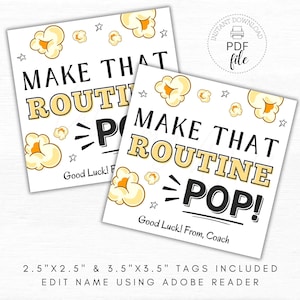 Könnte beinhalten: Zwei druckbare Etiketten mit einem Popcorn-Motiv. Die Etiketten sind weiß mit schwarzem Text und gelben Popcorn-Illustrationen. Der Text auf den Etiketten lautet "Make That Routine Pop!" und "Good Luck! From, Coach". Die Etiketten sind in zwei Größen erhältlich: 2,5 Zoll mal 2,5 Zoll und 3,5 Zoll mal 3,5 Zoll.
