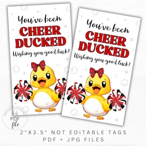 Étiquette imprimable Cheer Duck, You've Been Cheer Ducked vous souhaitant bonne chance pom-pom girl rouge et noir équipe couleur, téléchargement immédiat PDF + JPG