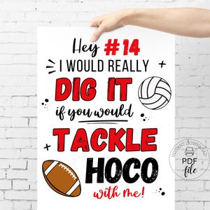 Red Volleyball & Football Players Homecoming Proposal Sign, I'd Really Dig It If You Would Tackle HOCO With Me Poster (PDF + JPG Download)