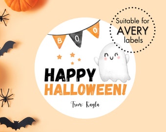 Happy Halloween! Personalized Stickers | Editable Round Labels/Tags | Printable Custom Name Halloween Labels For Kids | Instant Download PDF