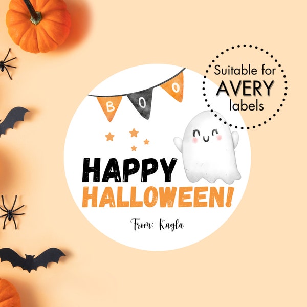 Happy Halloween! Personalized Stickers | Editable Round Labels/Tags | Printable Custom Name Halloween Labels For Kids | Instant Download PDF
