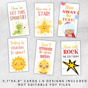 Afdrukbare testdagtags, motivatiekaartjes maken, leuke gelukscadeaukaartjes voor studenten, pdf van 2,7 x 4,8 inch, 6 ontwerpen inbegrepen